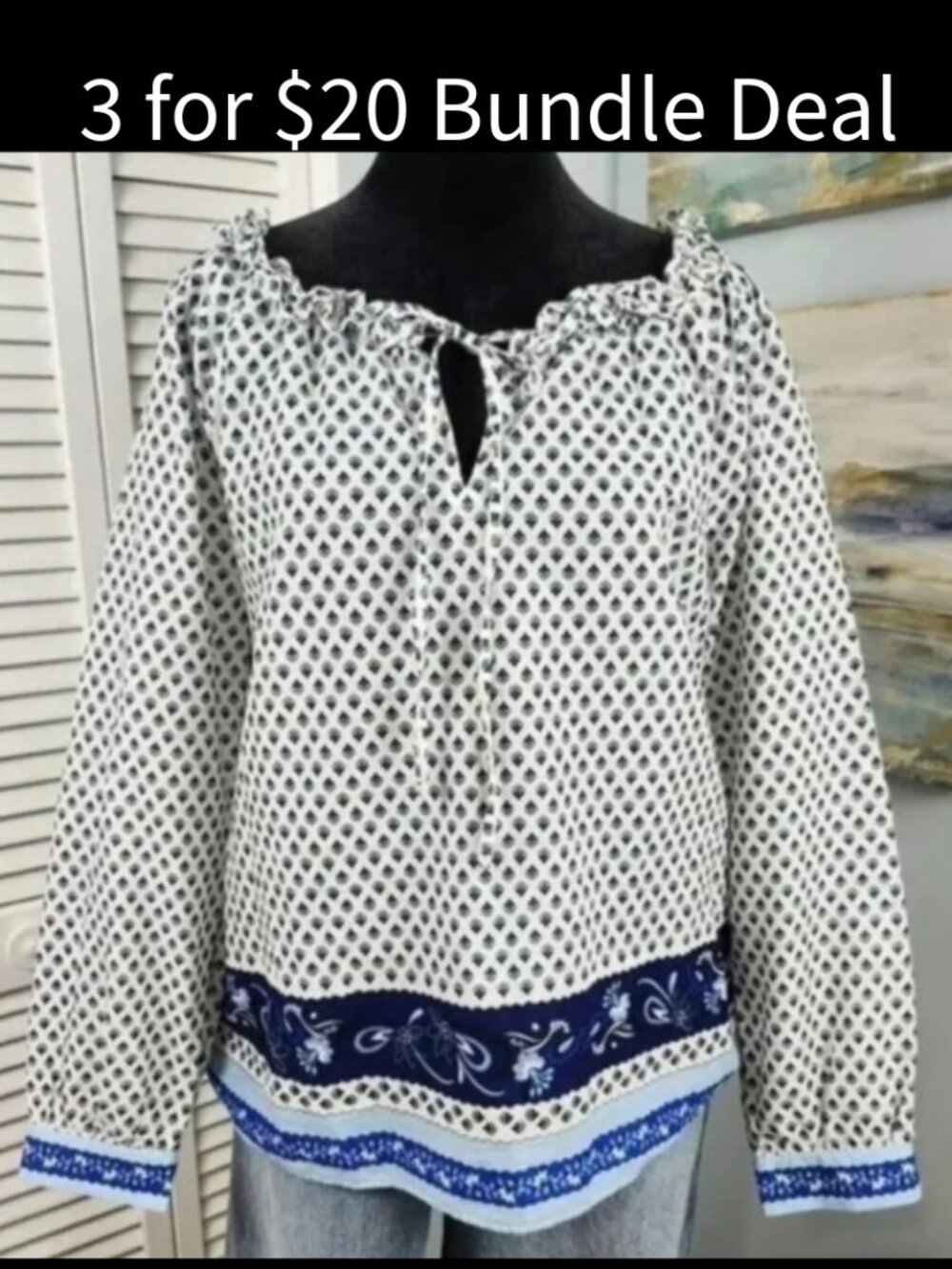 J. Crew Top size Small Blue Floral Peasant Boho Long Sleeve